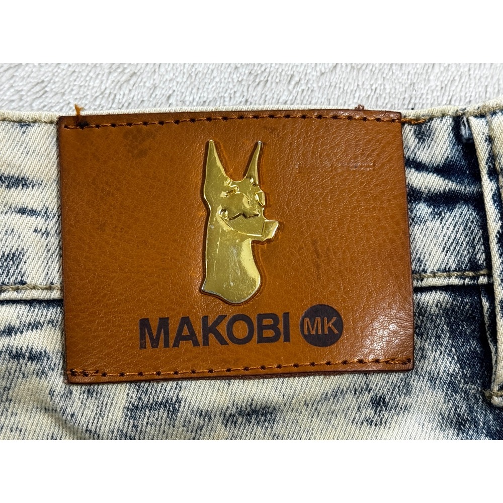 Makobi Mens Biker Distressed Acid Wash Blue Jeans 42x32 Meas: 43x33 - Picture 6 of 7